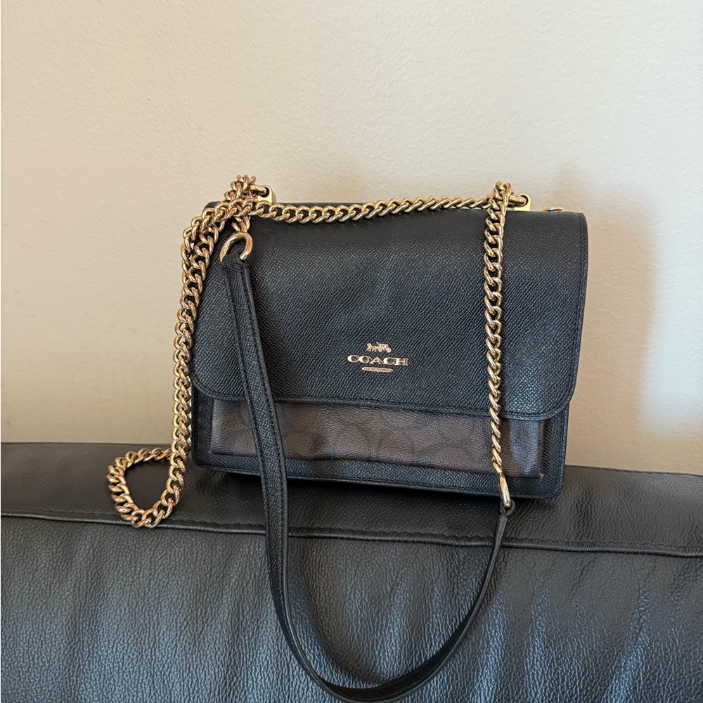 Coach Black Leather Crossbody with Gold Chain Strap